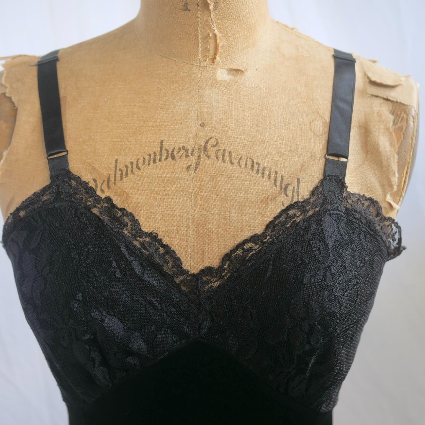 Vintage 60s DIXIE BELLE Black Acetate Tricot Full Slip Dress Floral LACE 34 S/M