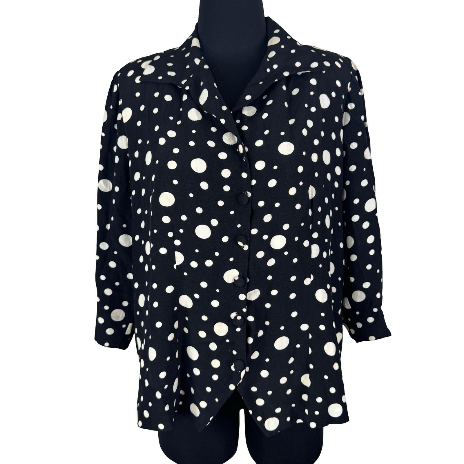 Vintage 80s Black White Polka Dot Blouse Pinup Rockabilly Peplum Retro XL 1X Top
