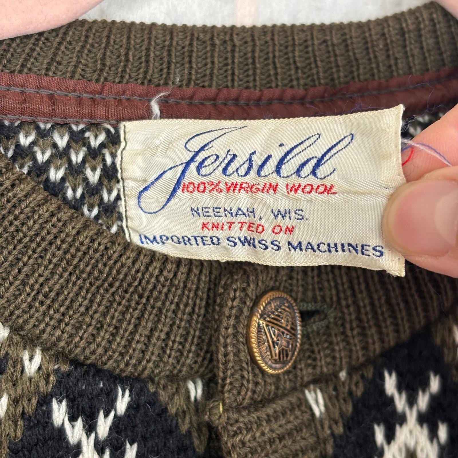 Vintage Jersild Virgin Wool Fair Isle Cardigan Sweater Olive Green Geometric L