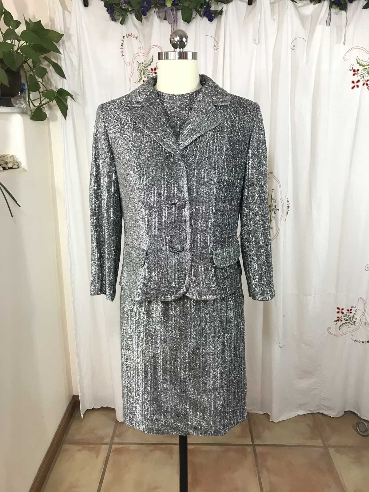 Vtg 60s Joyce Sportswear Women’s 3 Pc Skirt Suit Set Silver Lurex Metallic 8/M