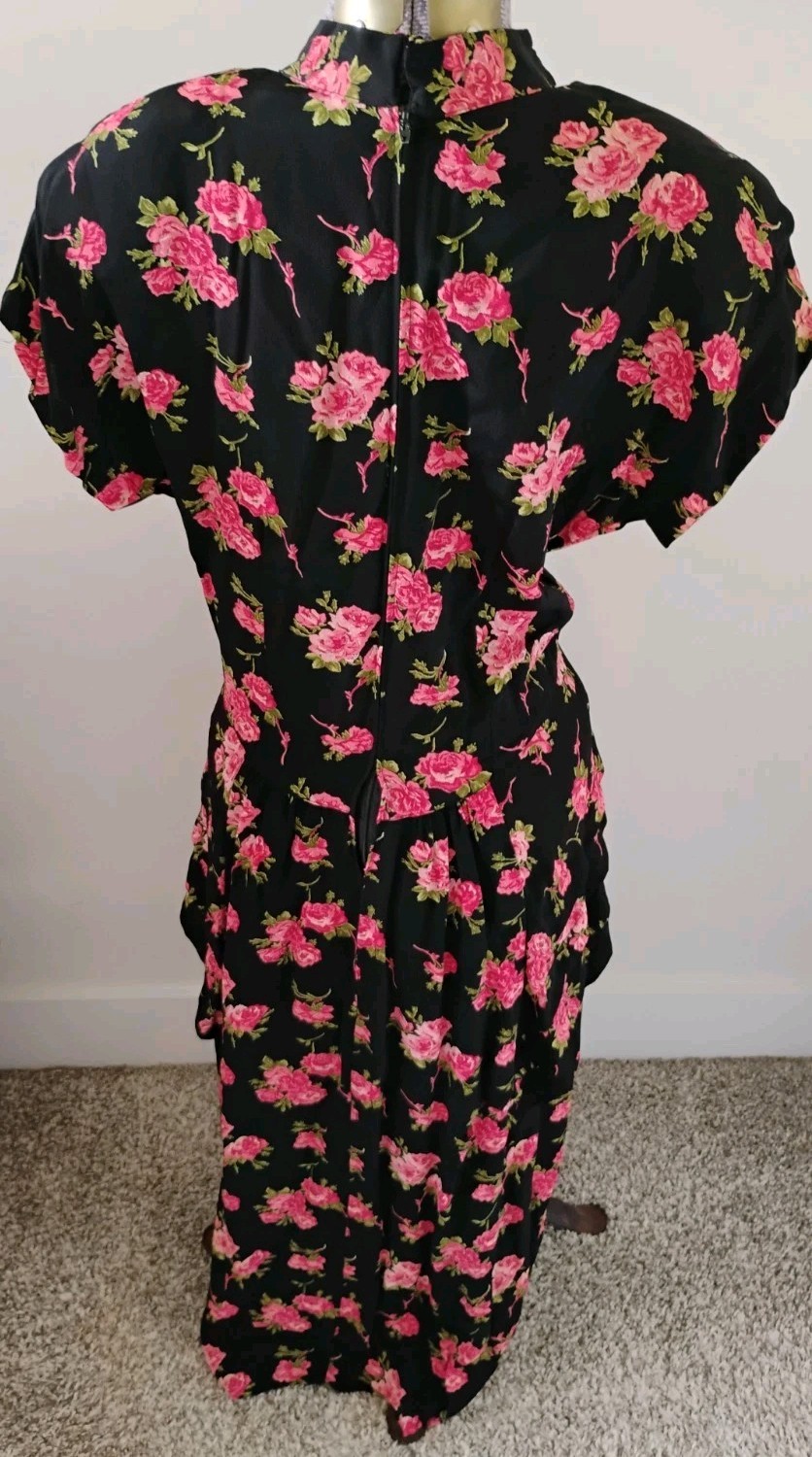 Vtg 80s Floral Print Dress Cap Sleeves Shoulder Pads Peplum Maxi Skirt 8/10