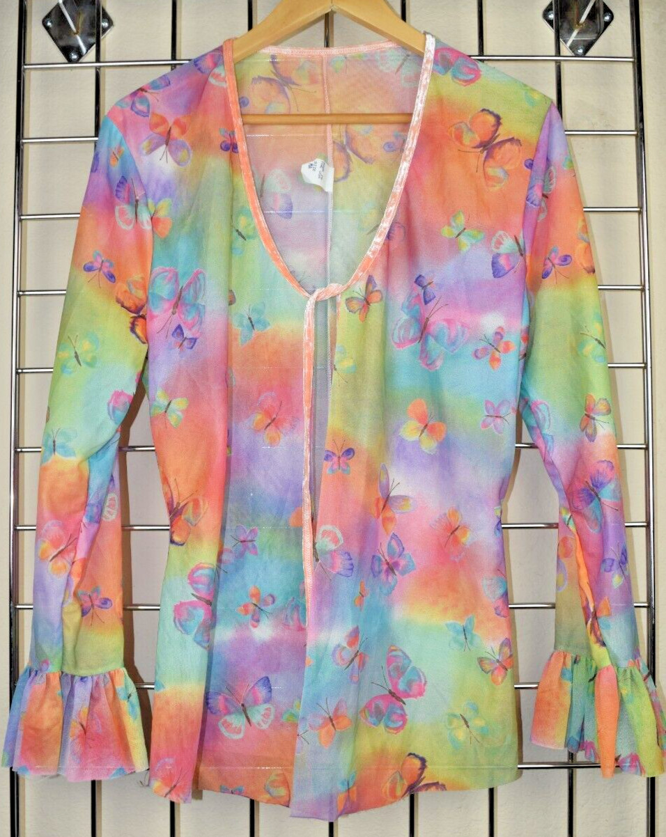 Vintage Top Pool Cover Up Size S/M 70s Butterfly Paradise Velvet Trim Made USA