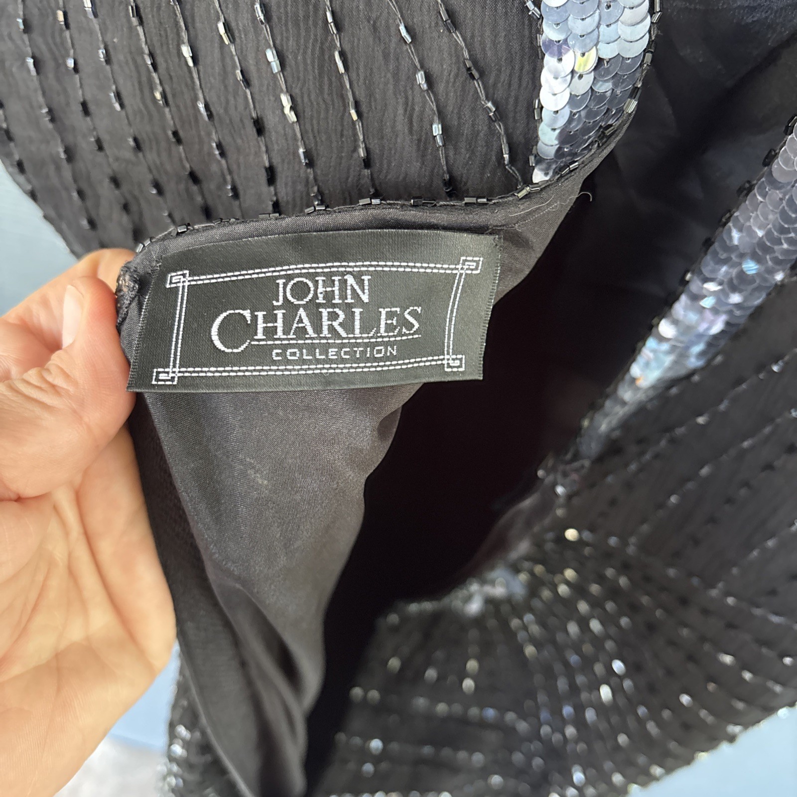 Vintage John Charles London Evening Gown Dress, Black Beaded Sequins, Size US-6