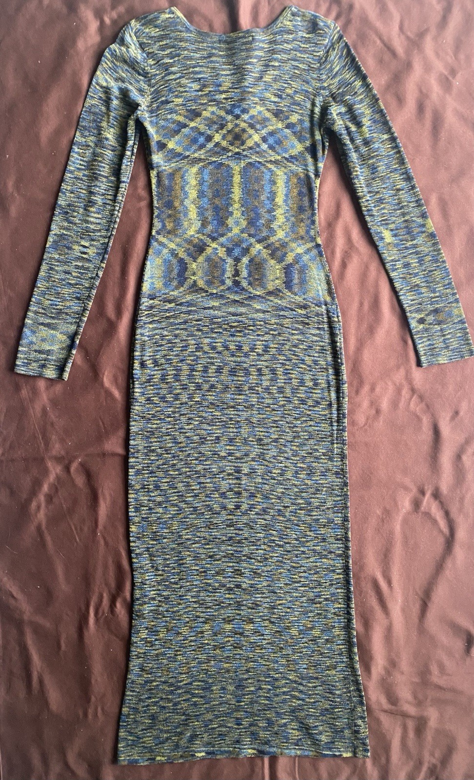 VTG 90s Designer Dress Long Space Dye Knit Fitted VNeck L/S Greens Blues RARE