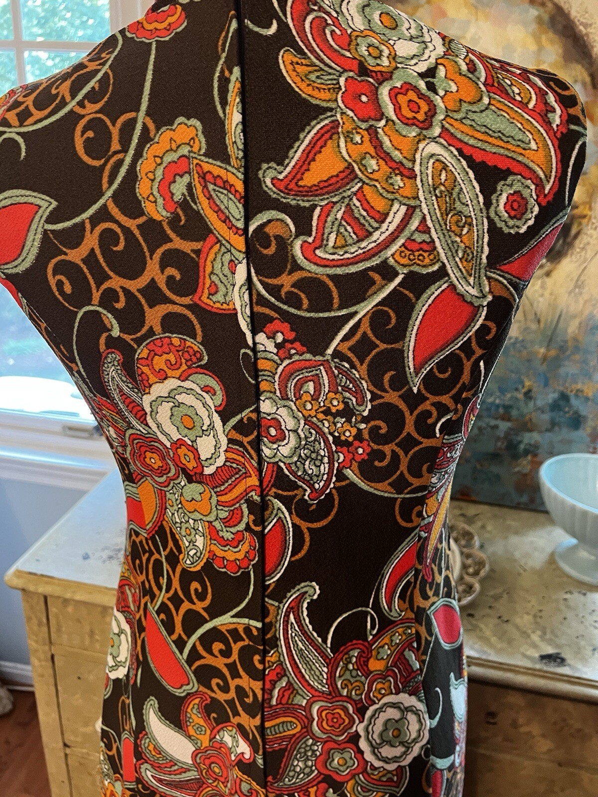 Rare Vintage Gilmar Canada Brown Mod Print Double Knit Maxi Hostess Dress-Med