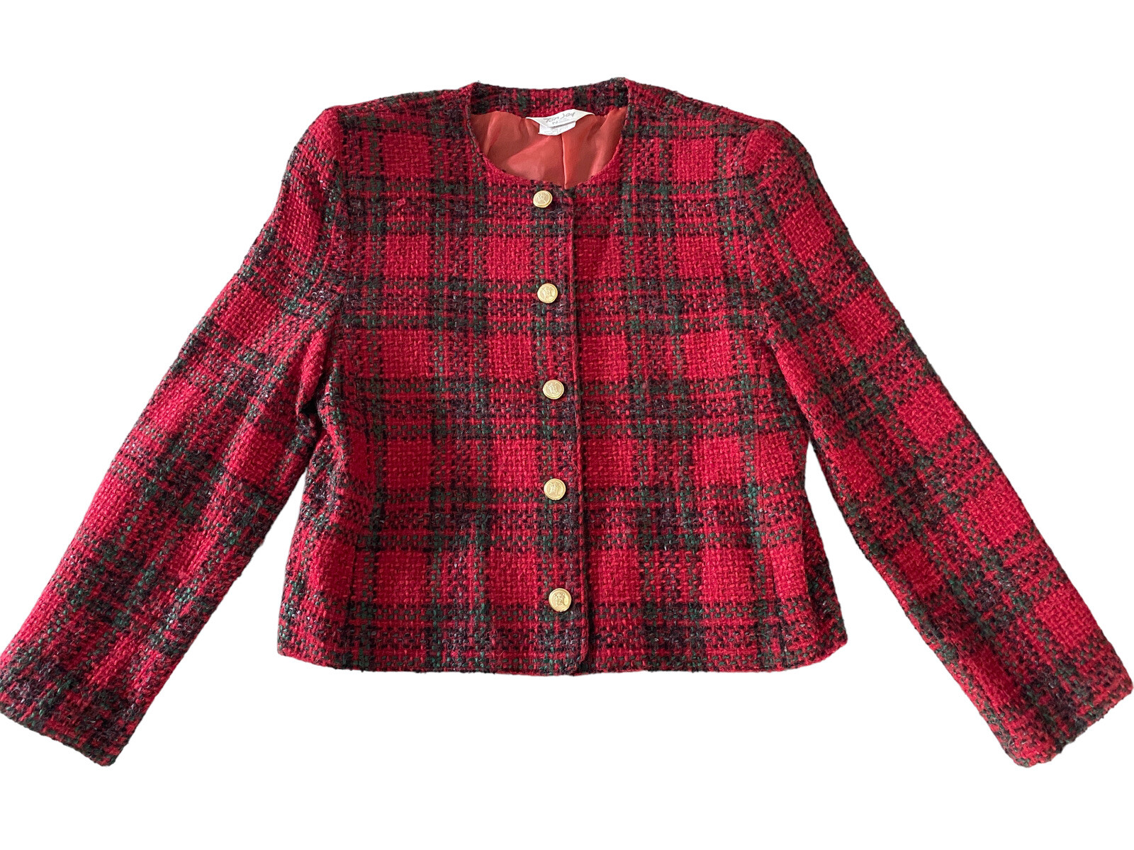 Womens Vintage Tanjay Tweed Blazer Large red green 12 80’s Gold buttons crop