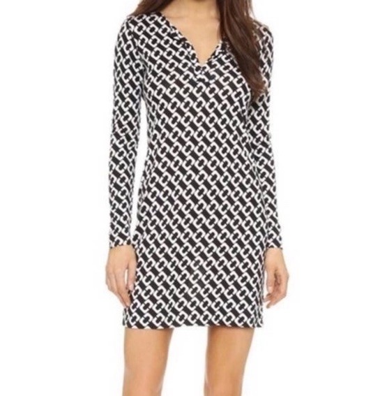 Diane von Furstenberg Women’s Silk Long Sleeve Reina Dress Black/White Size 6