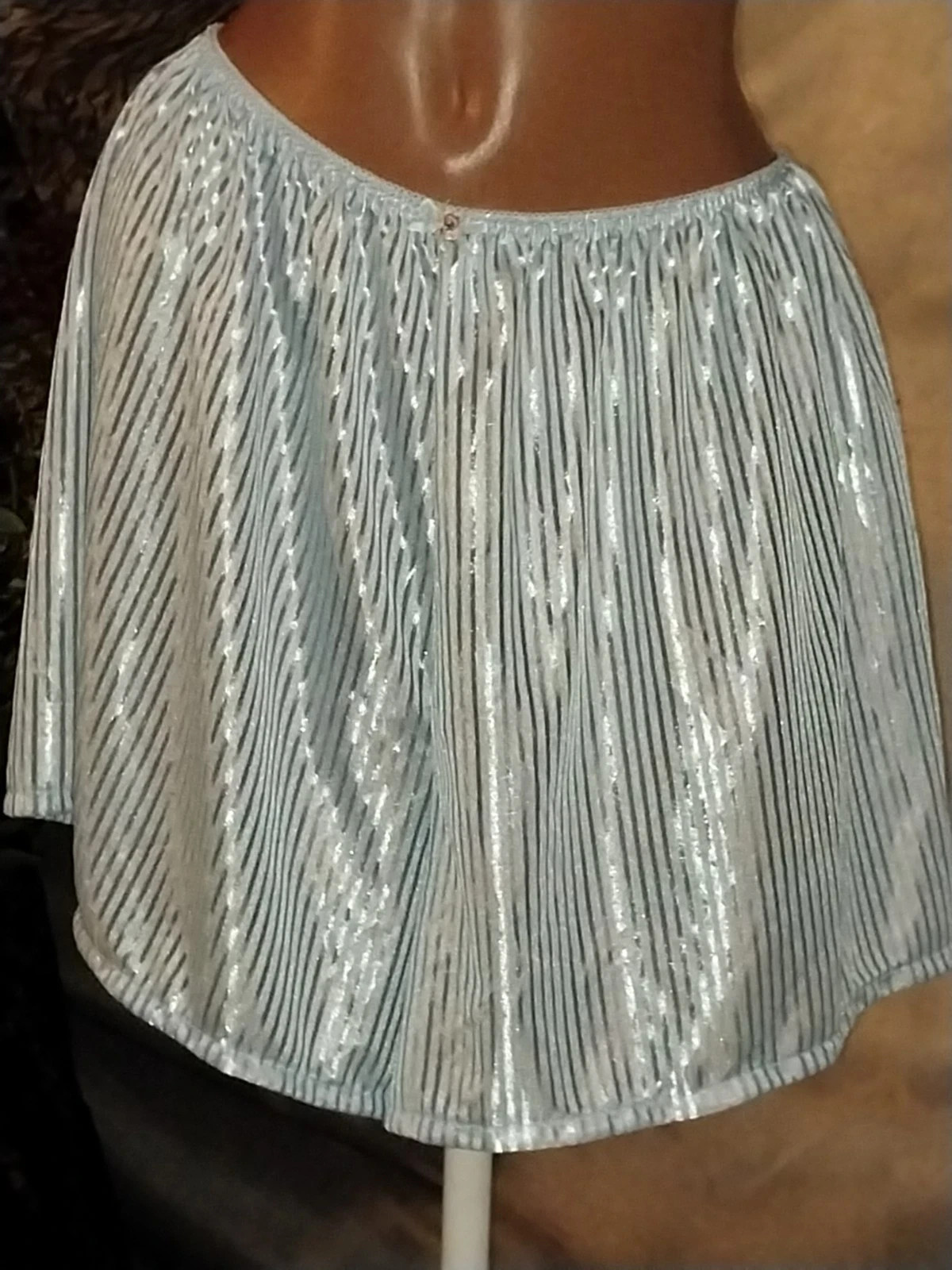 VTG SILKY BABY BLUE SHINY STRIPES LACE PANTIES BLOOMERS BLOUSE SLEEP SHIRT 48″