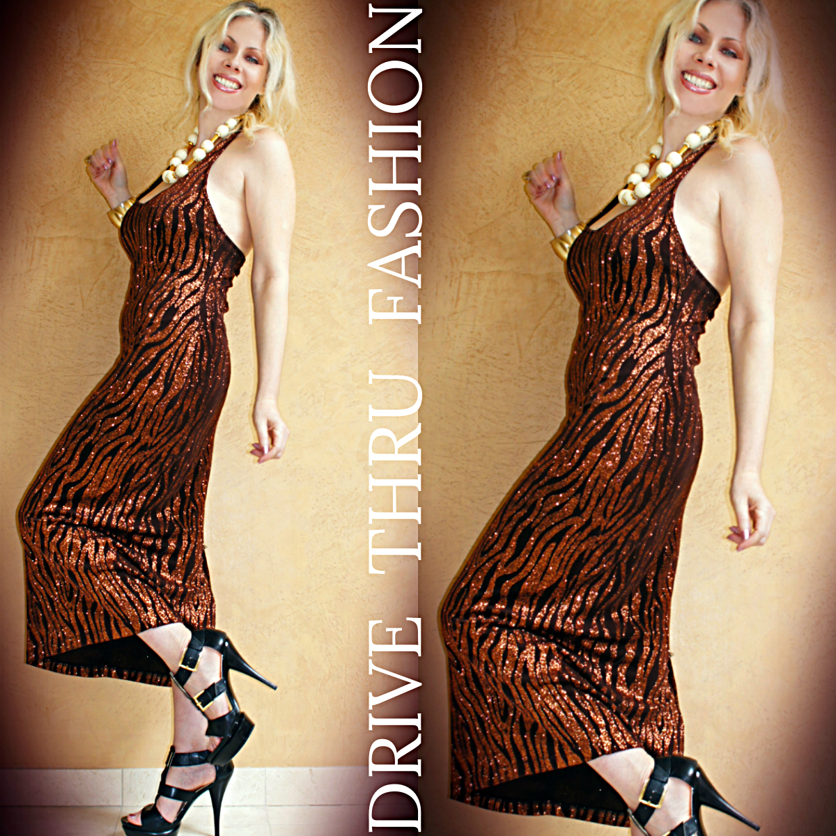Vtg 90 METALLIC Brocade Animal Stripes Evening Cocktail Wedding MAXI Dress Gown