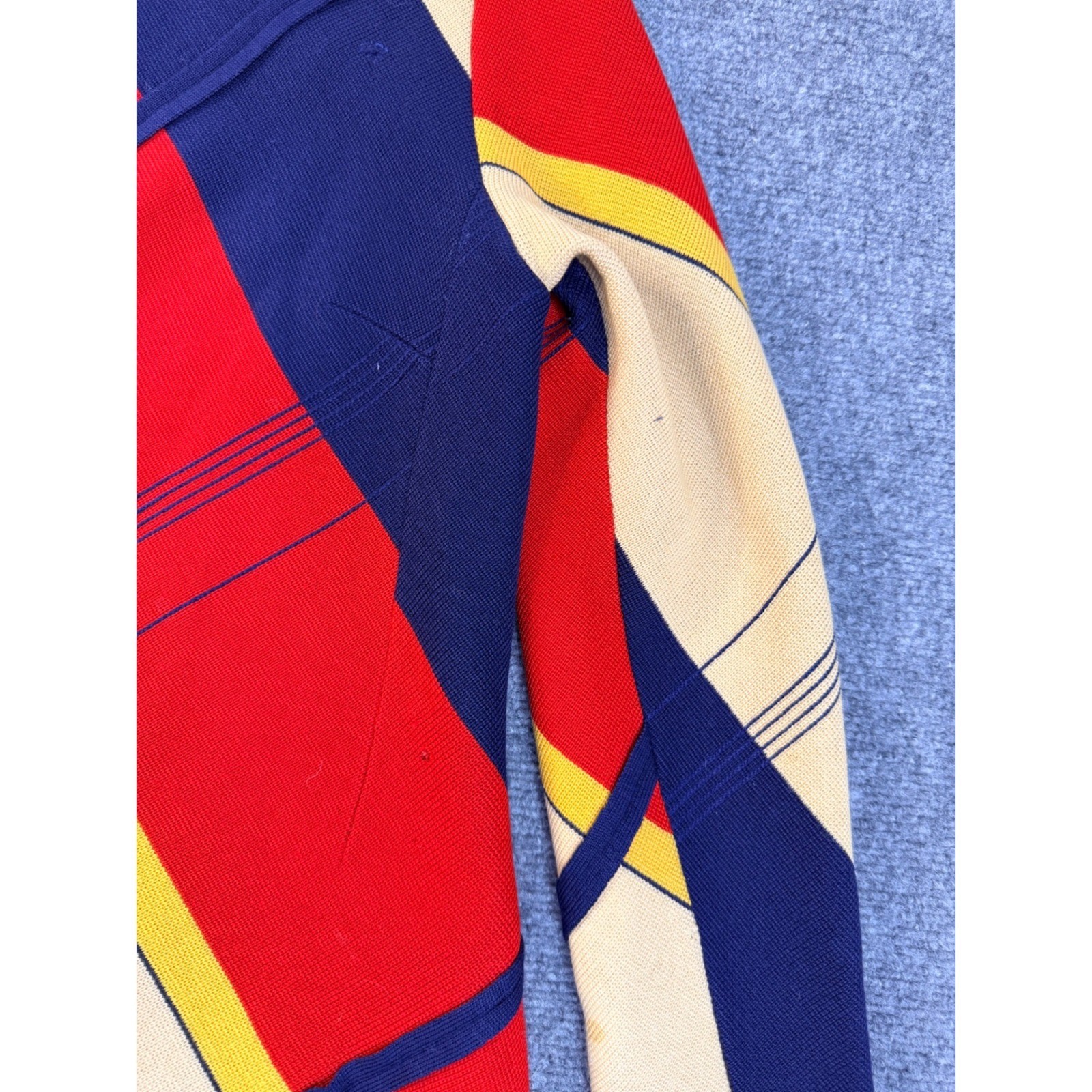 Vintage Geometric Colorblock Knit Cardigan Sweater Jacket Red Blue Yellow Small