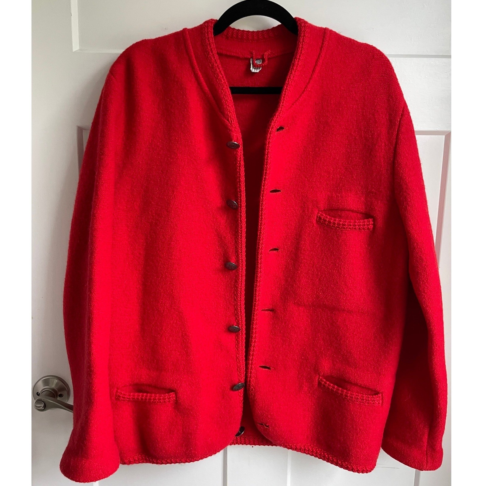 VTG Boiled Wool Jacket Bomber Cherry Red Bavarian Trachten St George Button L