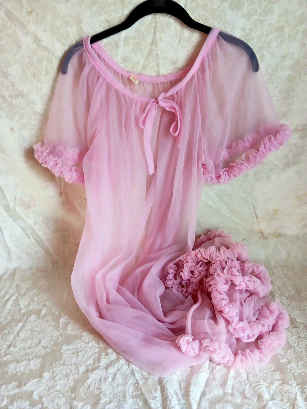 Vintage 100% Nylon Baby Doll Peignoir Pink Ruffles Sleeve & Hem, Size L