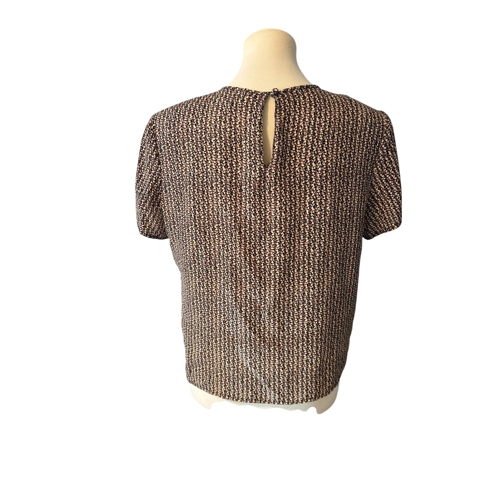 Hana Sung Vintage 100% Silk Blouse Brown Abstract Print Short Sleeve Top Large