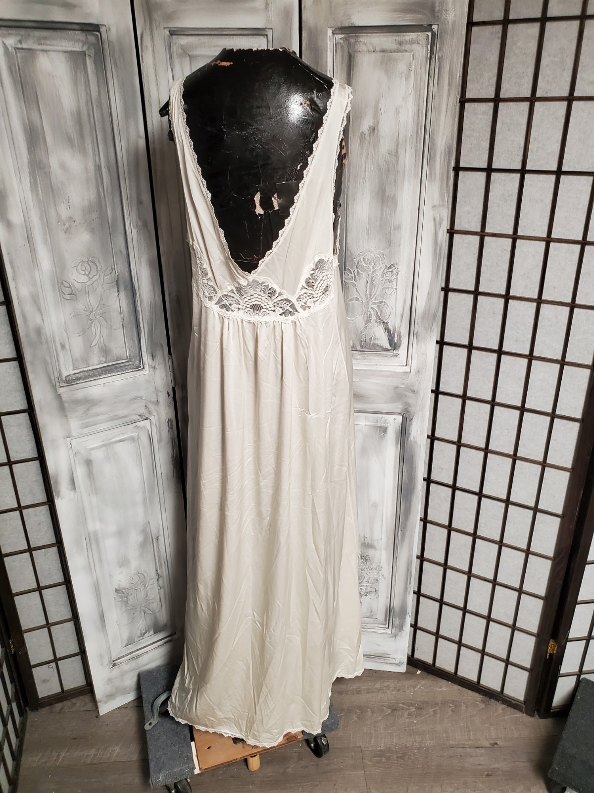 Shadowline Ivory Maxi Slip Dress Bridal Formfit sheer Lace Nightgown M Vtg