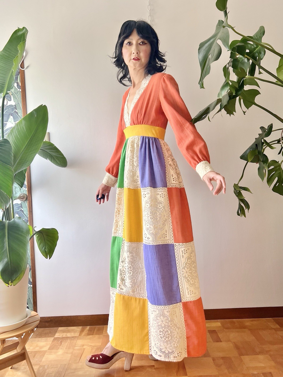 70s Jonathan Logan Patchwork Color Block Cotton Gauze & Lace Prairie Maxi Dress