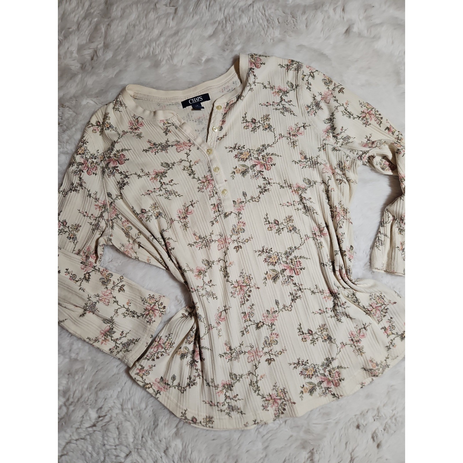 Chaps Vintage Style Floral Ribbed Henley Shirt Cream Cottagecore Size L