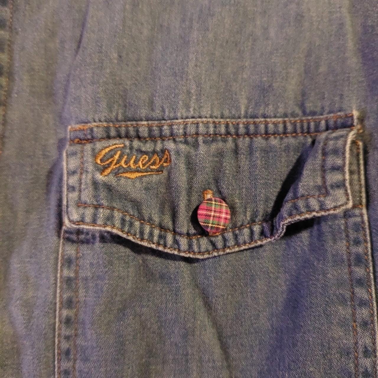 Vintage Guess western style 100 cotton denim button up with plaid fabric buttons