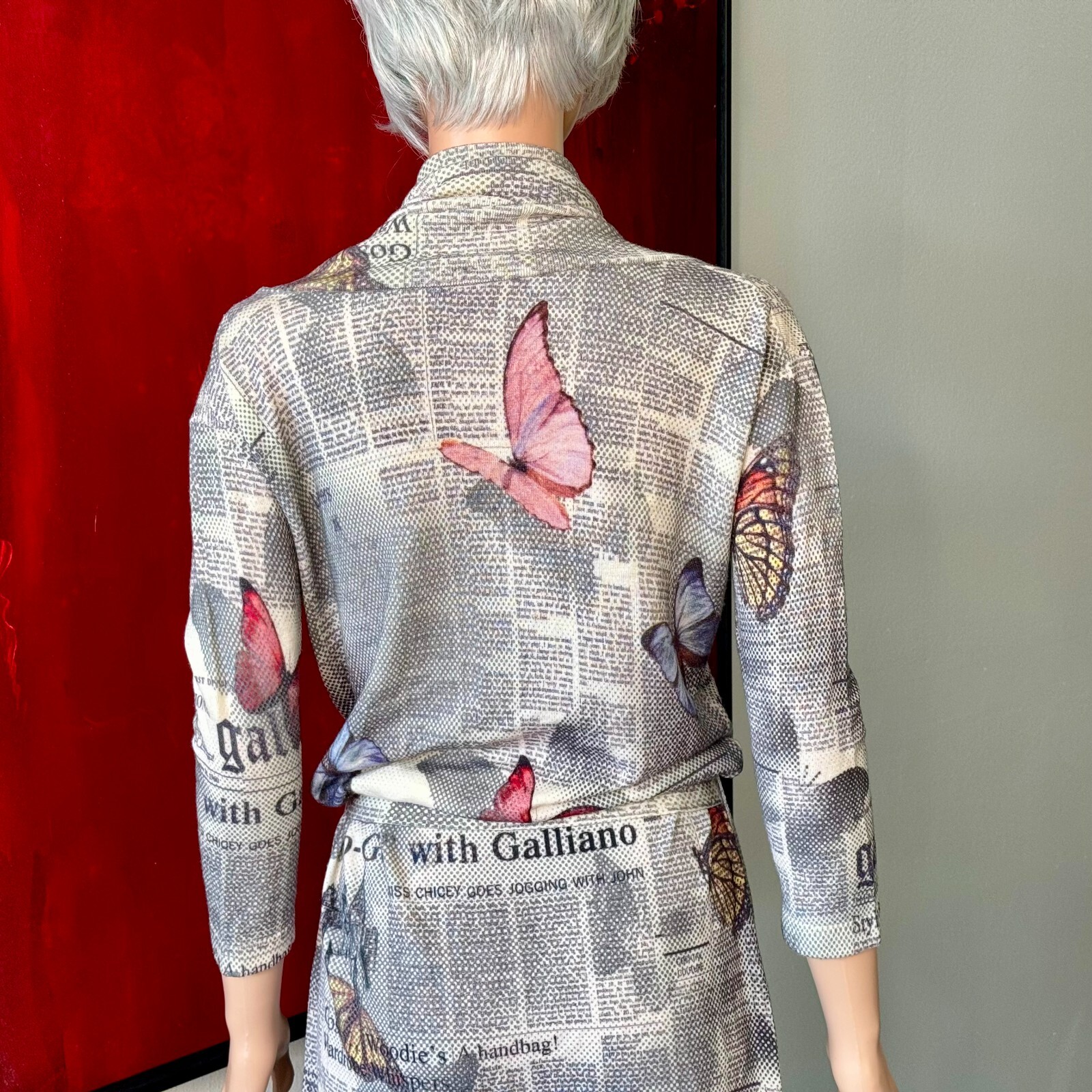 JOHN GALLIANO 2000s Gazette Newspaper Butterfly wool stretch dress print size M