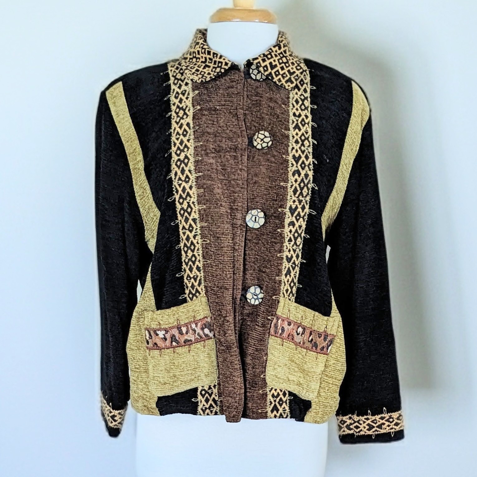 Vintage 90s Allure Art to Wear Patchwork Blazer Jacket Bohemian Artsy Rayon Coat