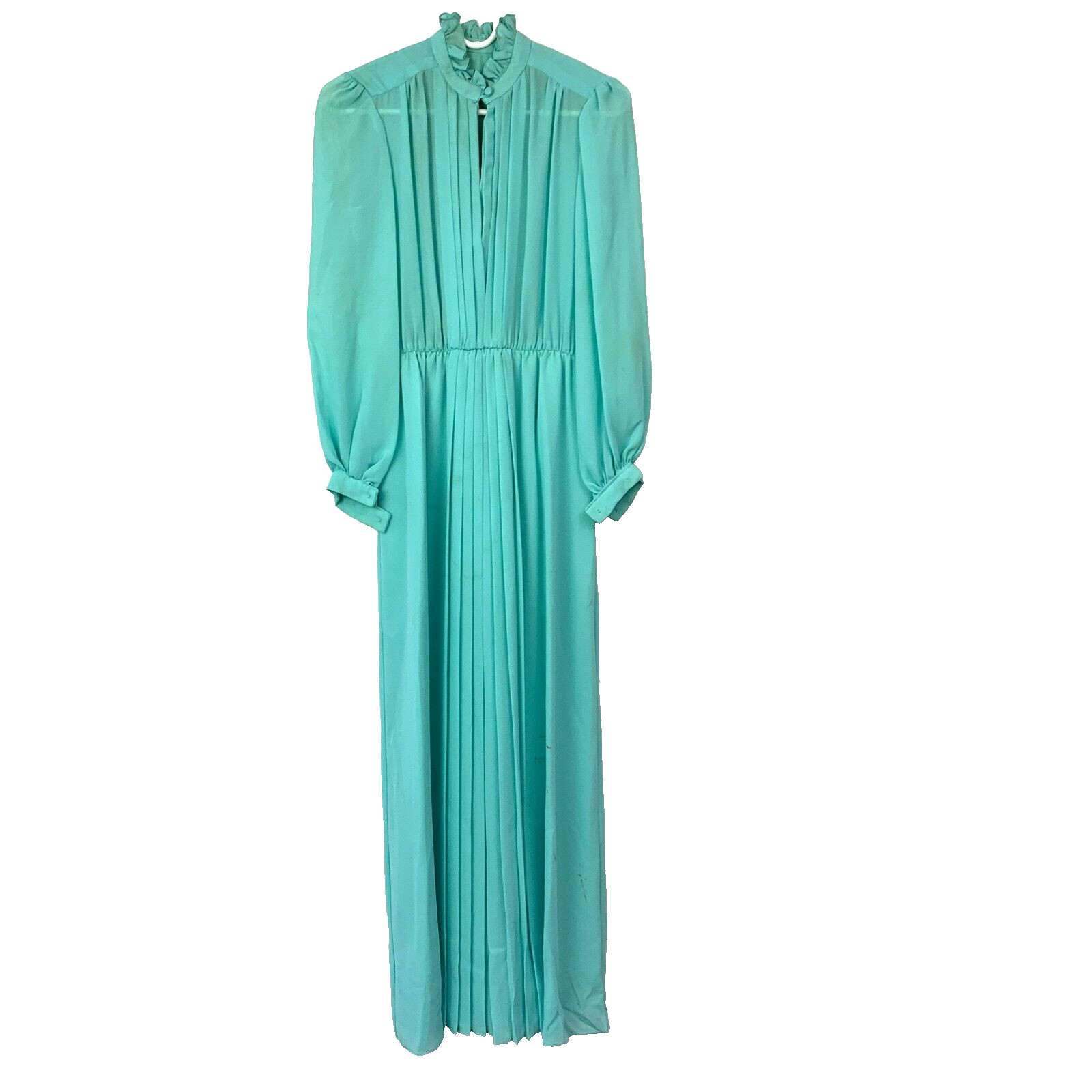 Vintage 60s Pleated Long Ruffle Seafoam Green Dress Chest 34″