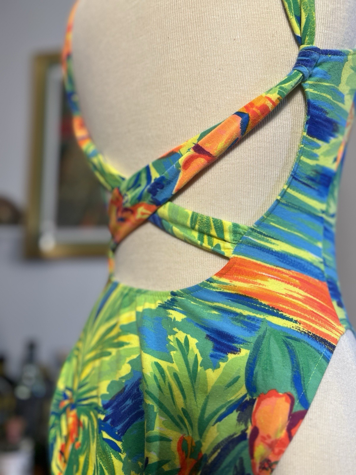 Vintage 1990s Deadstock Neon Hawaiian Criss-Cross Palm Swimsuit