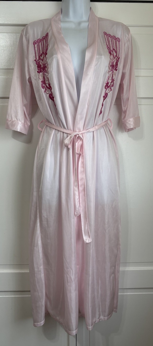 Vintage Lati Fashion Pink Midi Robe Dark Pink Embroidery Nylon Dressing Gown Med