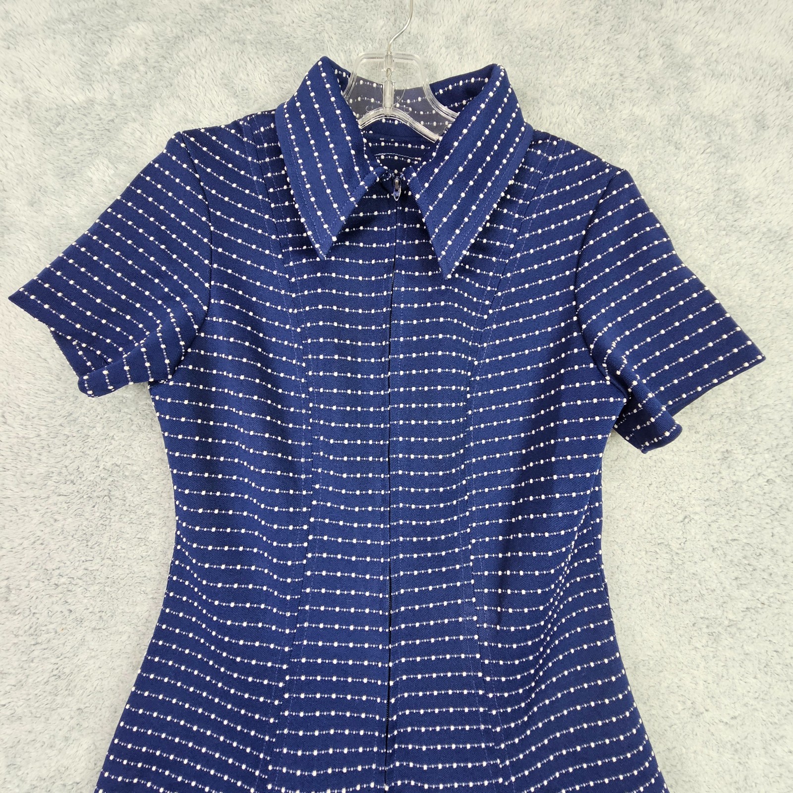 VTG 70s Womens Swing Dress S Blue Collared Zip Up Short Sleeve Inverted Pleats