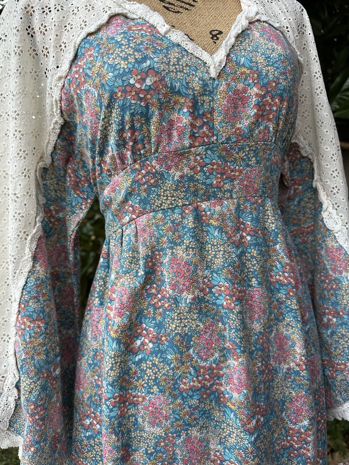 1970s Vintage Boho Prairie Floral Dress W/ Bell Sleeves
