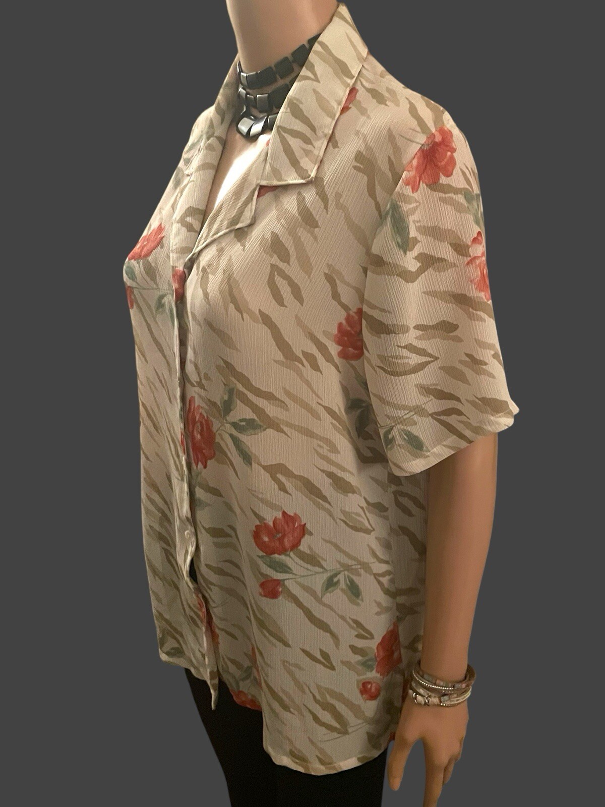 Floral Blouse Sheer Vintage Short Sleeve Resort Wear Coastal Chic Quiet Luxury M