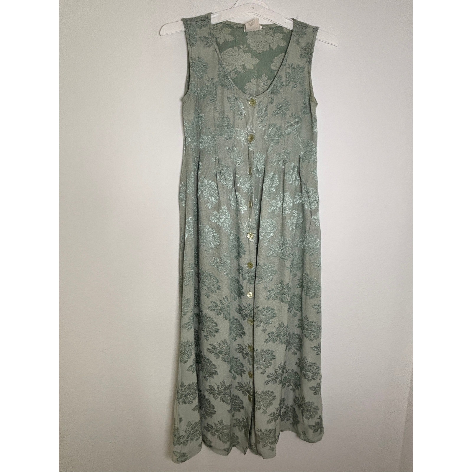 Moda International Vintage Sage Green Floral Jacquard Button Front Maxi Dress XS
