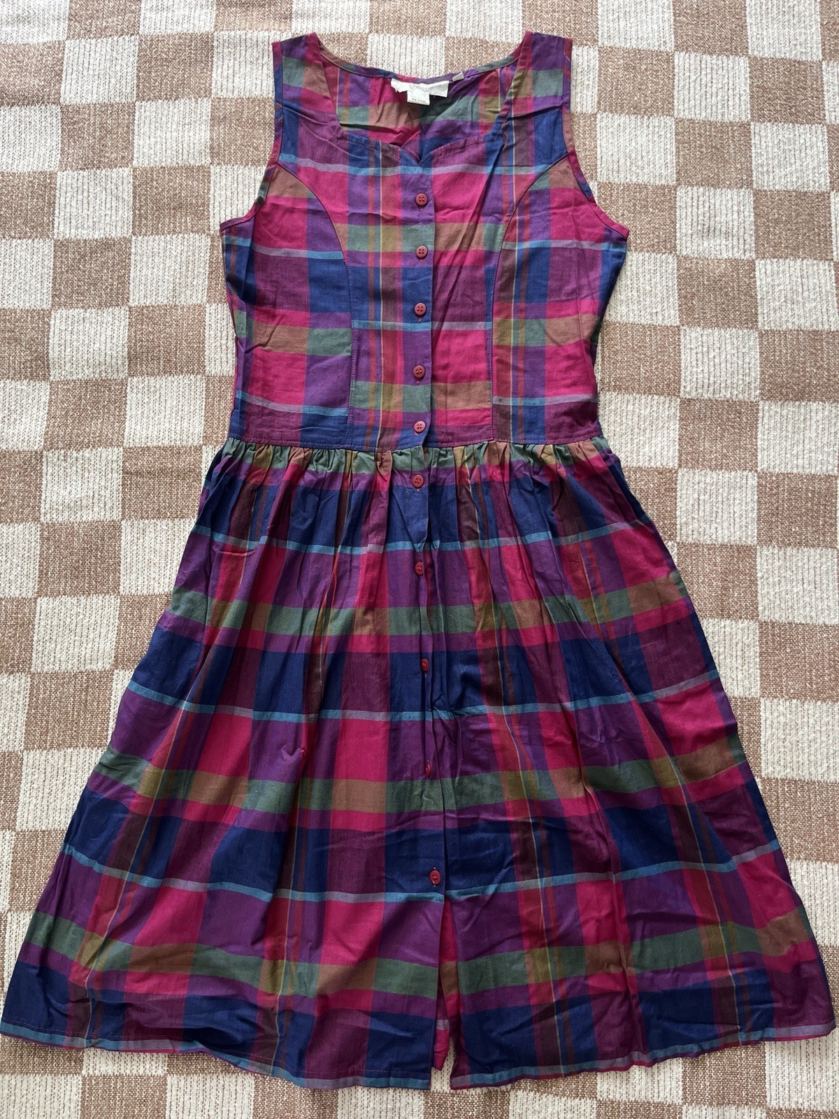 Vintage 90s plaid jumper day dress womens M pink purple blue green sleeveless