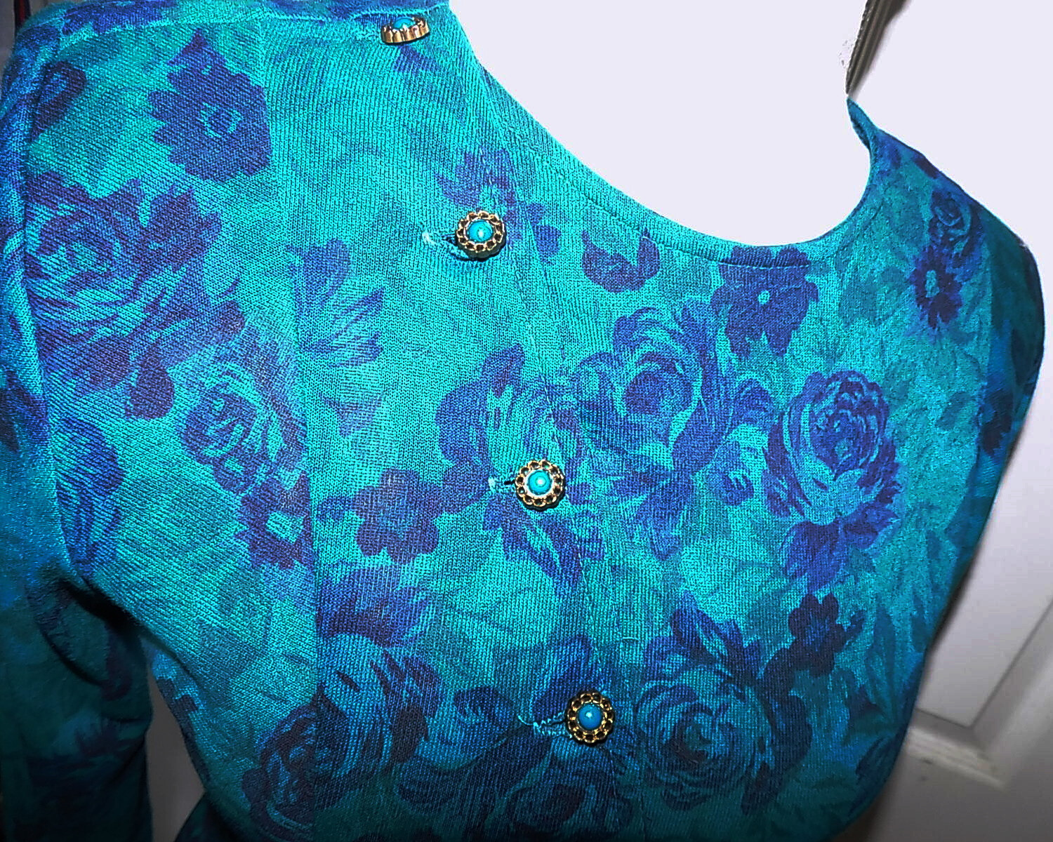 Vintage 80s Blue Aqua Floral Ruched Sides Dress Joni Blair of California Size 7