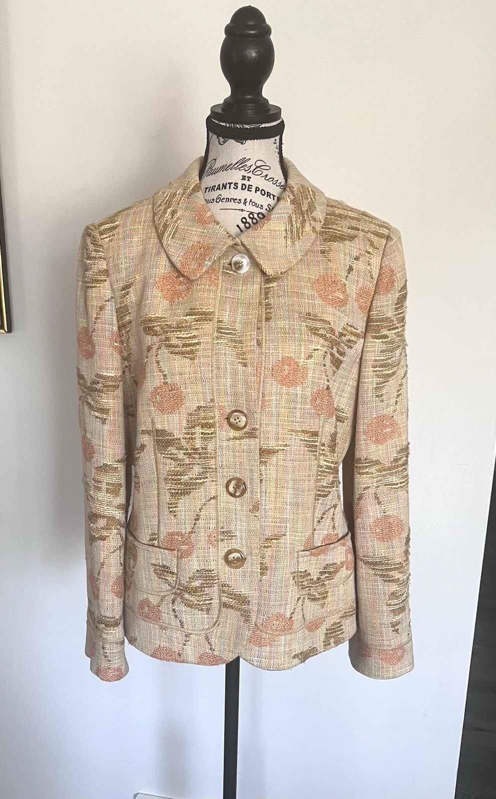 Vintage Carlisle Blazer Women’s Size 10 Tan Pink Cherry Cotton Silk Linen Rayon