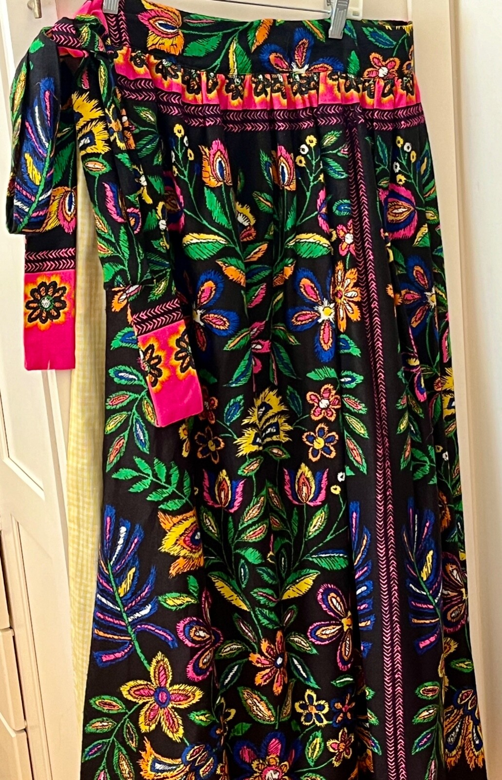 Vintage c. 1970 I. Magnin Floral Ethnic Neon Colors on Black Long Wrap Skirt