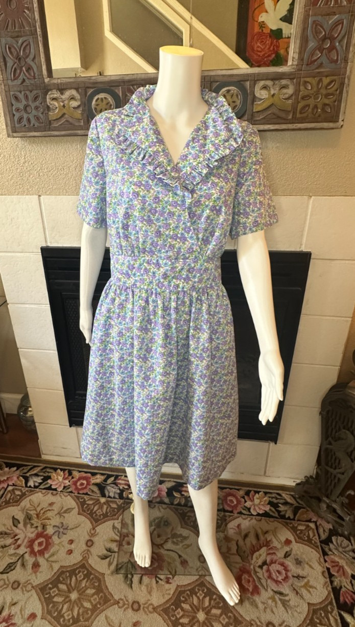 Vtg Lg 1950s Full Skirt Day Dress tea collared Handmade Floral a-line MCM Party