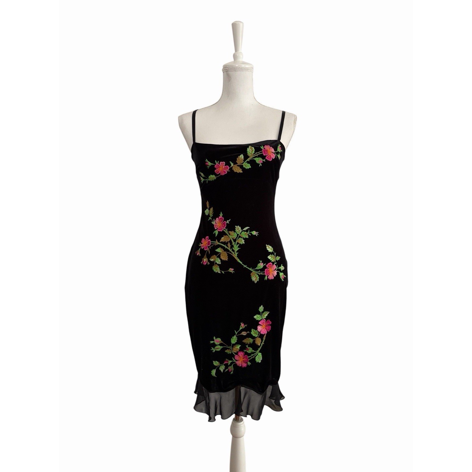 Vintage Betsey Johnson Small Black Embroidered Velvet Midi Dress 90s Fairy