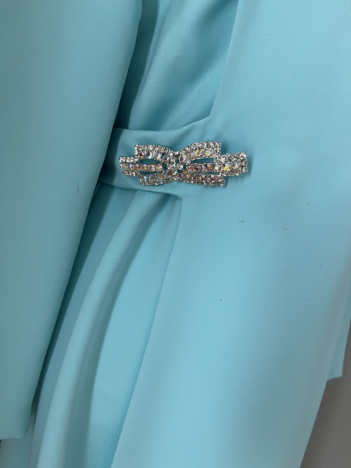 Vintage 1950s -60s Formal Gown Dress Teal Blue Embellished Crystals Horror Movie