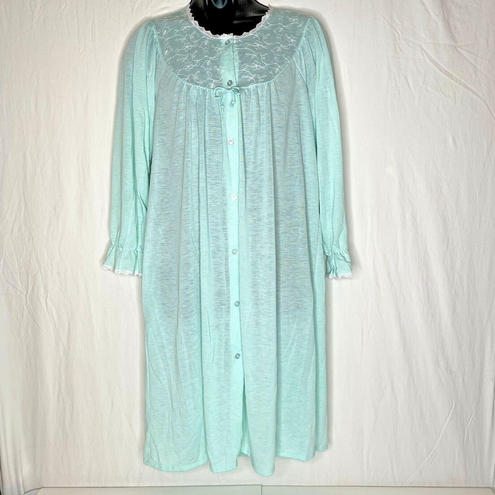 Cinejour Nightgown Ruffles Button Up Long Sleeve M USA Polyester Mint Green