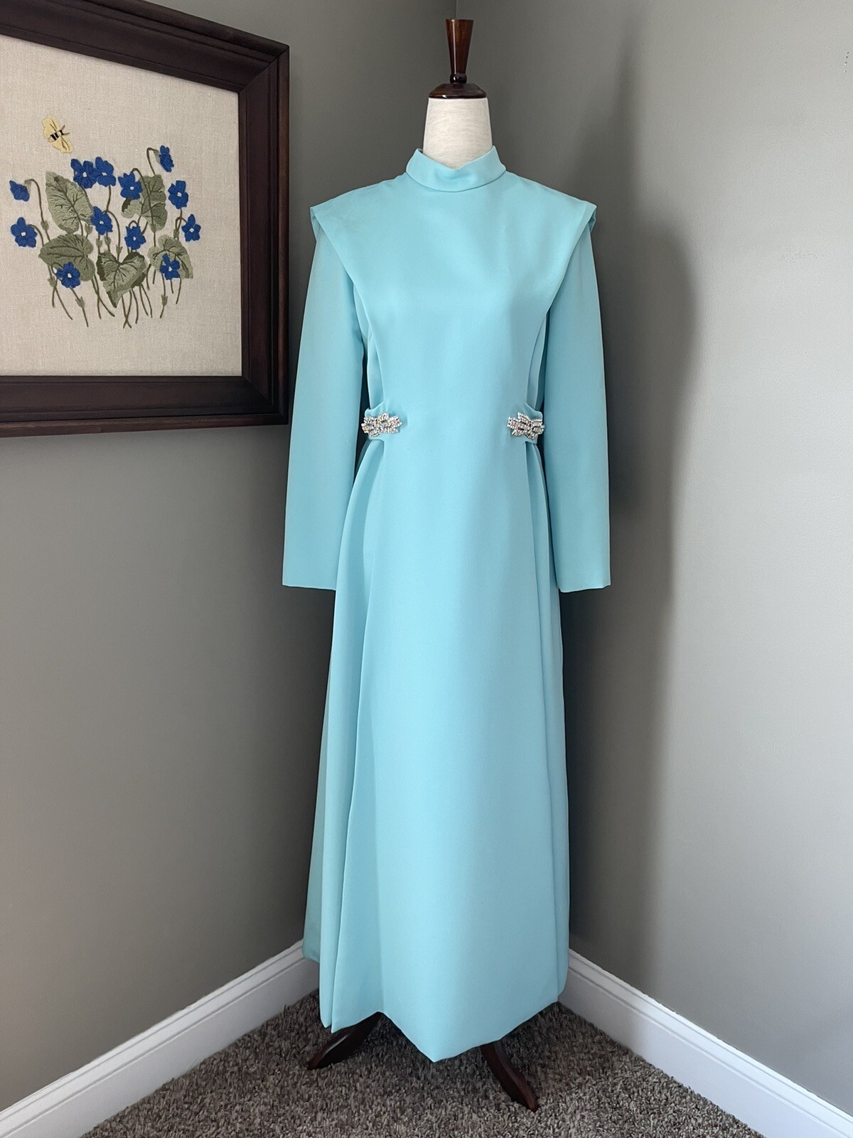 Vintage 1950s -60s Formal Gown Dress Teal Blue Embellished Crystals Horror Movie