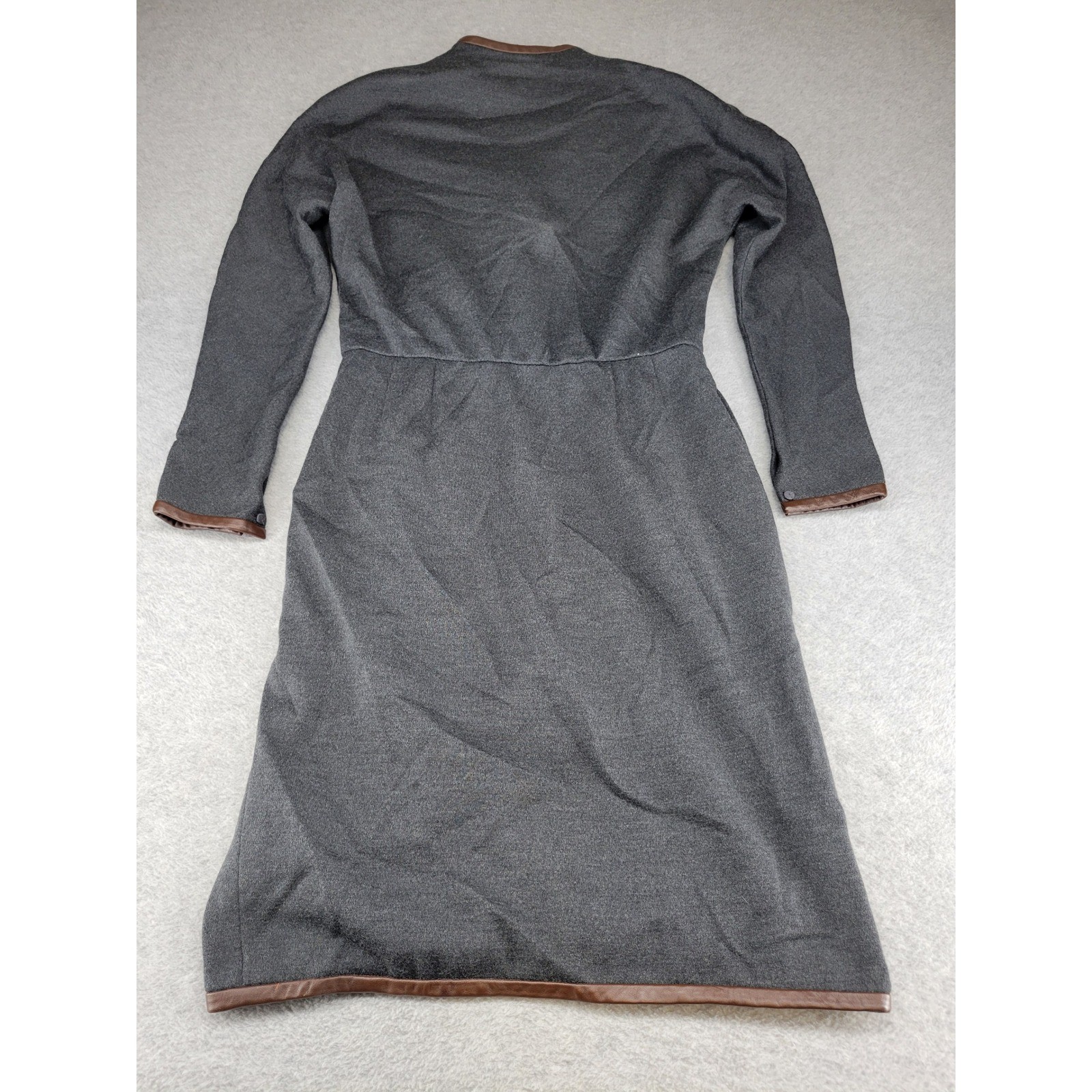 Carolyne Roehm Neiman Marcus Vintage Gray Wool Dress Leather Trim Made in USA 12