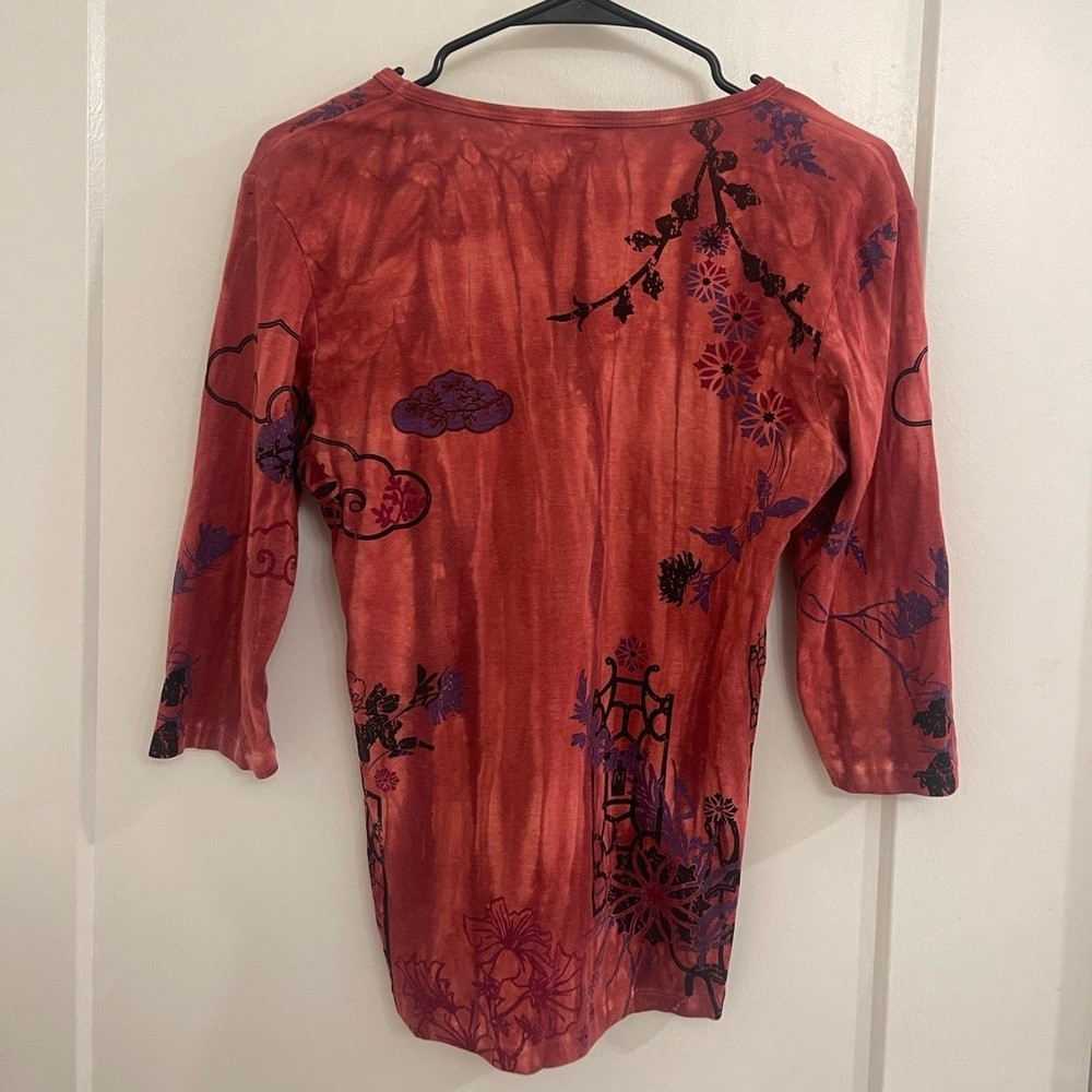 Vintage Japanese Print Temple Indie Culture Rust Red Floral-Print V-Neck Blouse