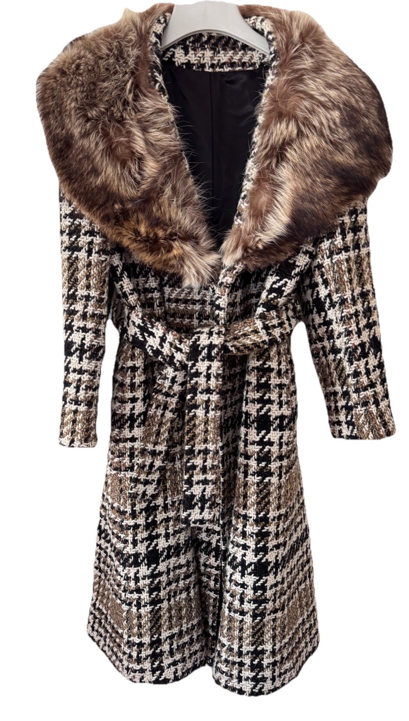 Vintage Women Large Wool Tweed Belted Long Coat Jacket Mink Fur Collar Mob Wife