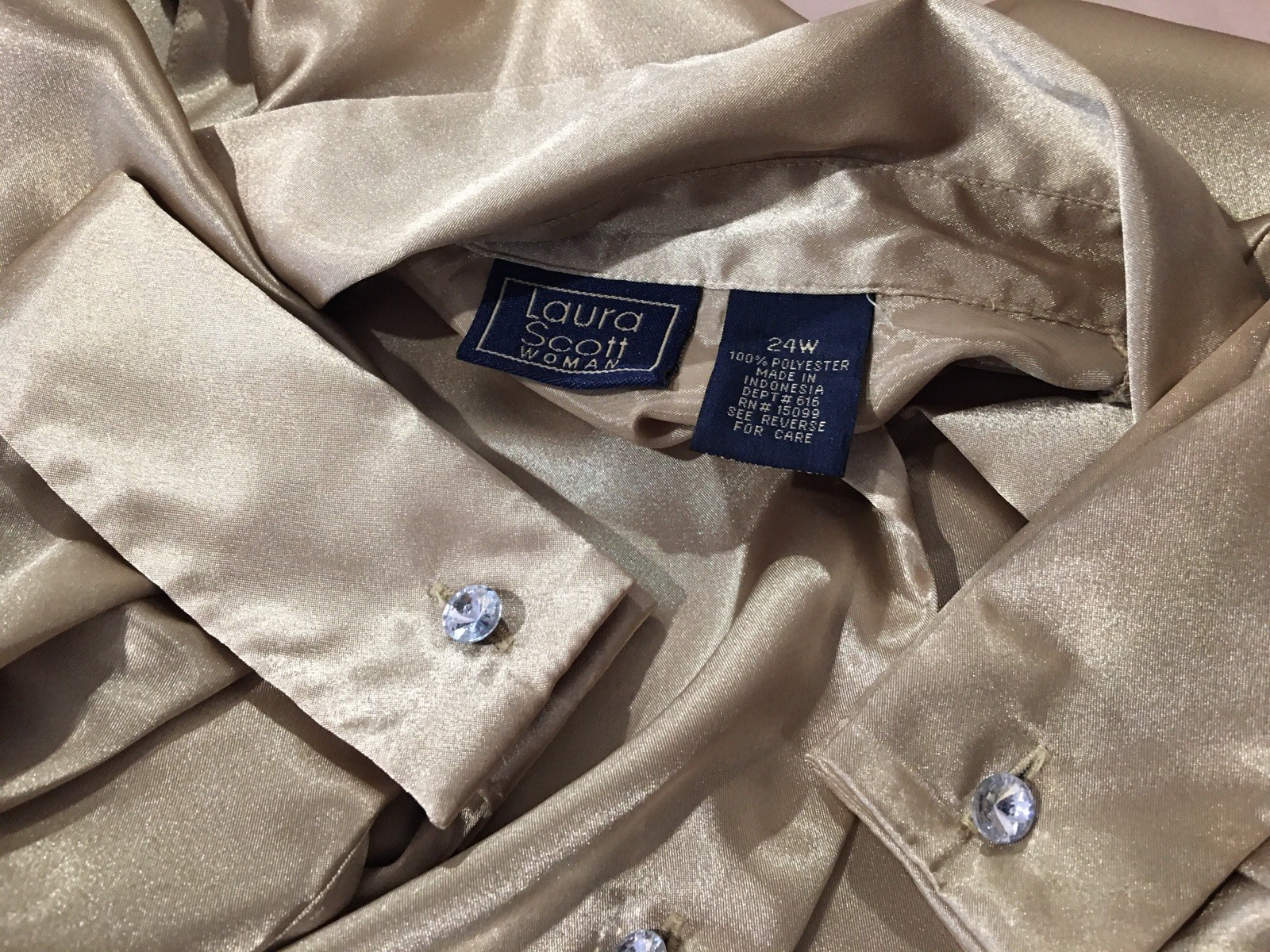 Vtg Gold Satin French Cuff Link Crystal Button Blouse Shirt Top 2X Bust 46 48