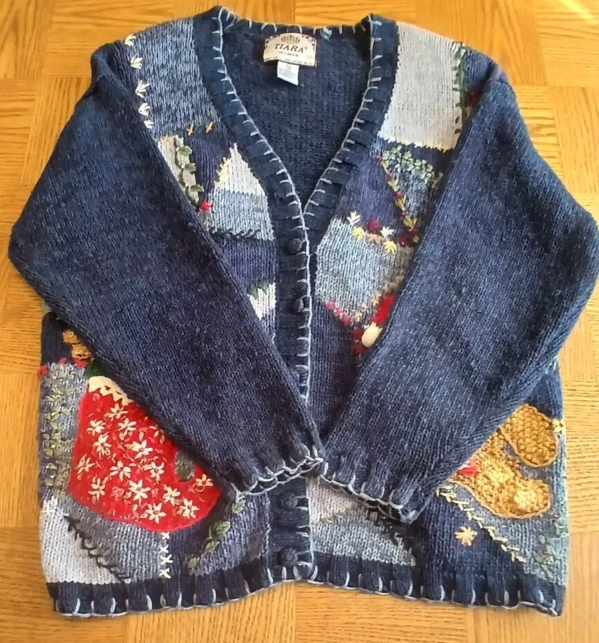 Vintage Tiara Sweater Teddy Bear Christmas Holiday Knit Blue Medium