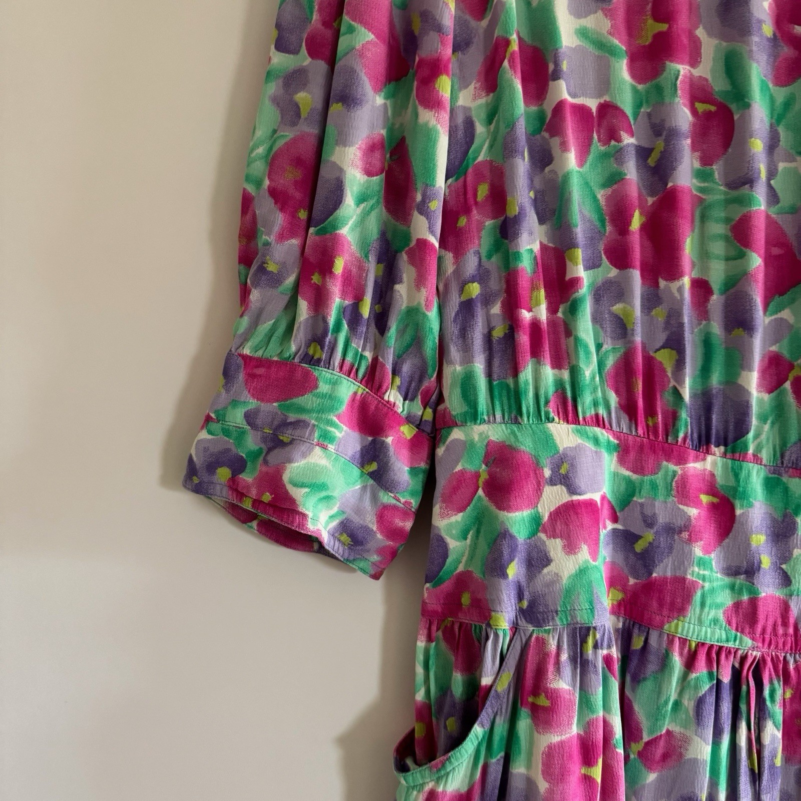 Vintage Neiman Marcus Maggy London 80s Floral Dress 12 Dropped Waist Pockets