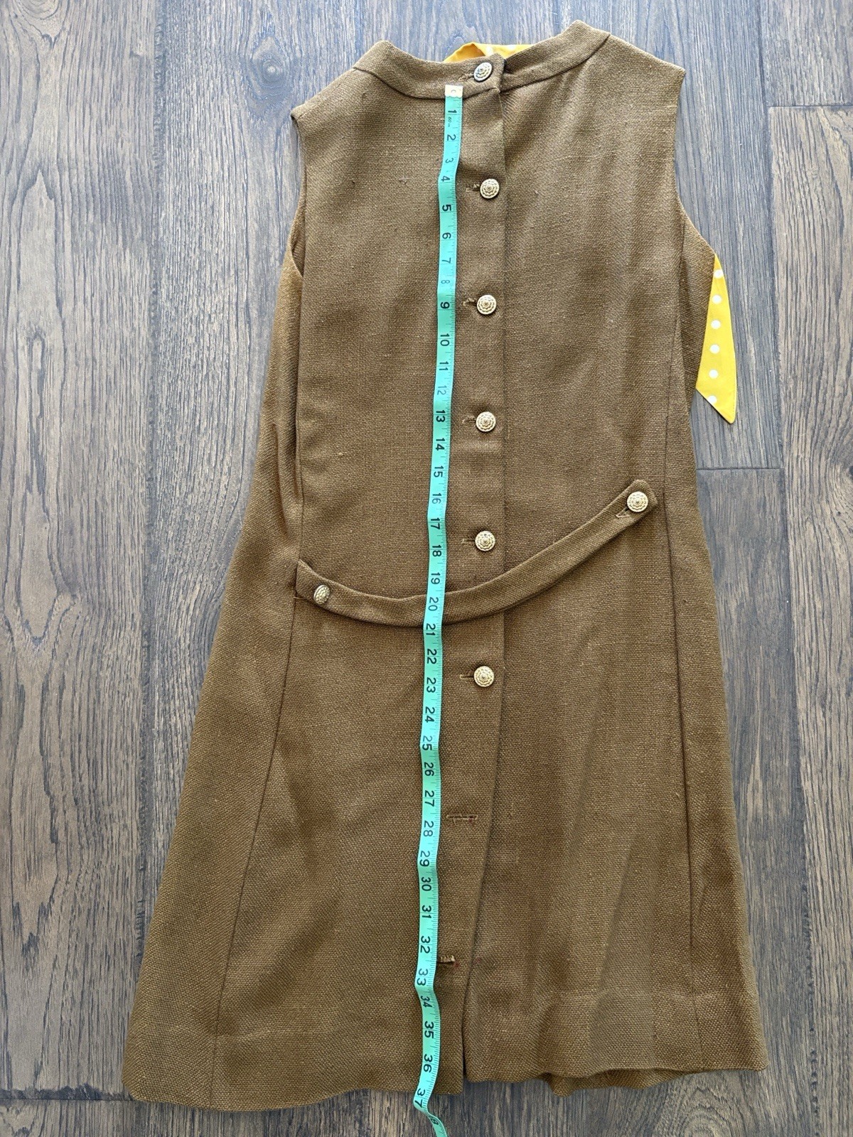 1960s Brown shift dress sleeveless with yellow polka dot Scarf Collar Medium
