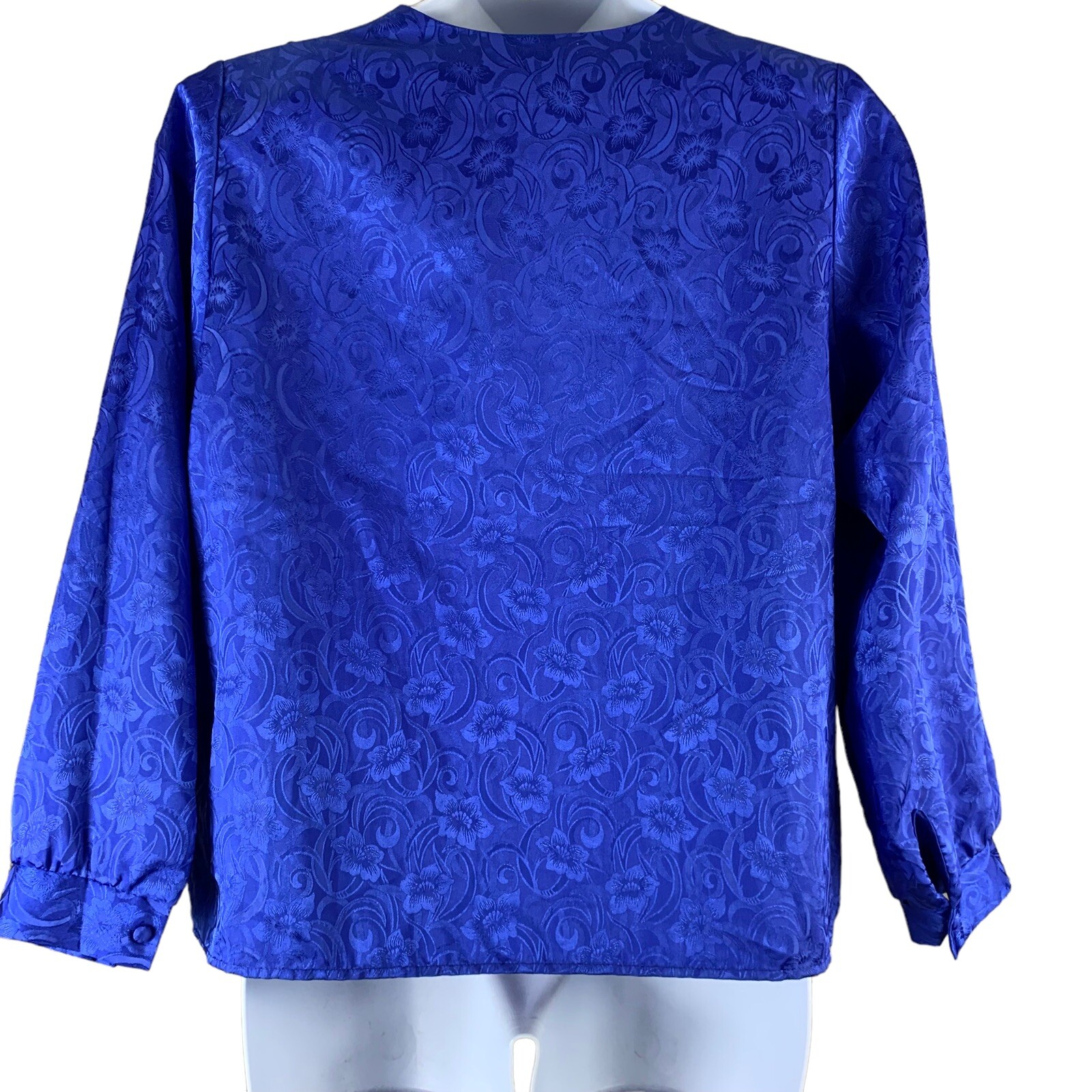 Vintage Shirt Royal Blue Shoulder Pads Floral Jacquard Fabric Charlotte VanHorne