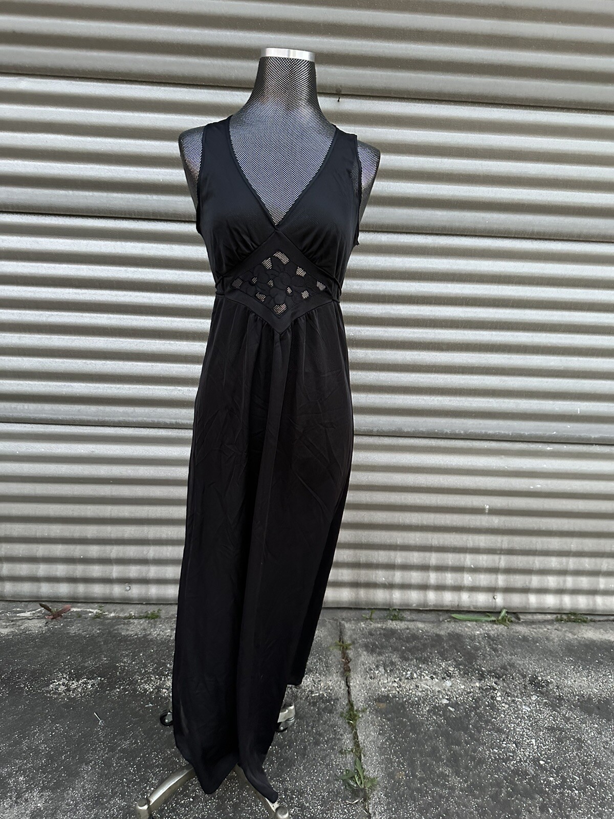 Vintage 80s Black AVIAN Lace Long Lingerie Nightgown Dress Sleepwear – S