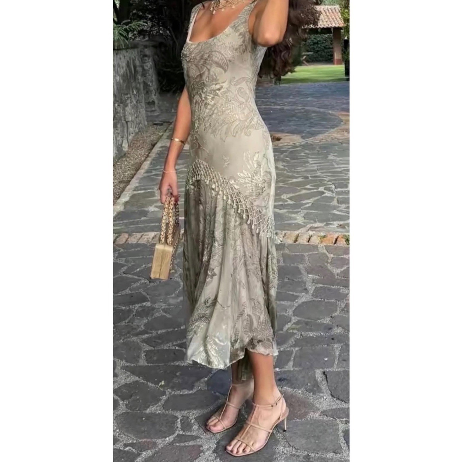 Alex Evenings Vintage Beige Floral Beaded gown with gorgeous fringe detailing