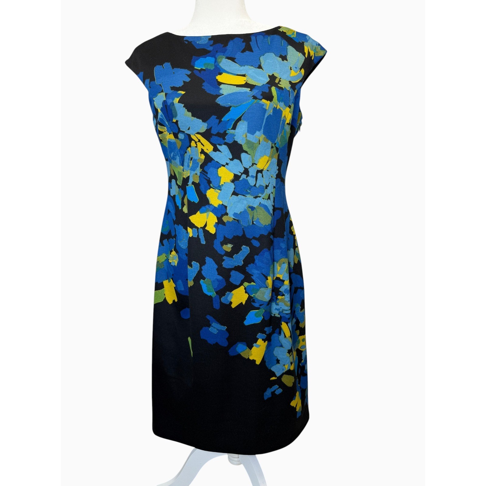 London Times Women’s Size 8 Black Blue Floral Sheath Dress Stretch Lined